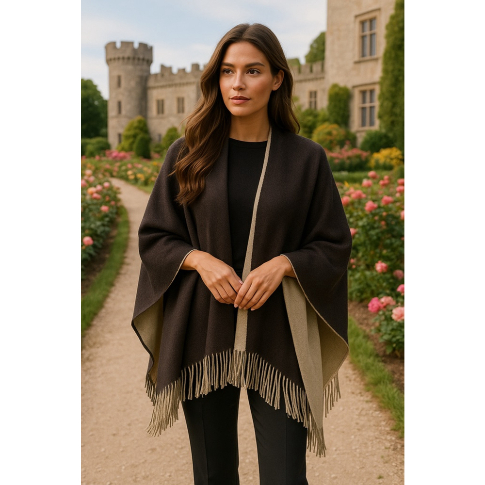 New York & Co‎ Reversible Fringe Shawl Wrap Taupe Brown NWT Scandi Parisian Boho